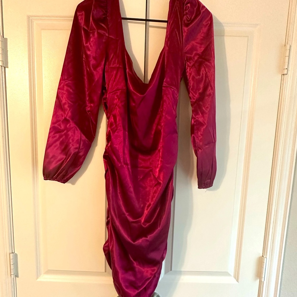 NEVER WORN True Statement Magenta Satin Ruched Square Neck Dress - Pink Lily